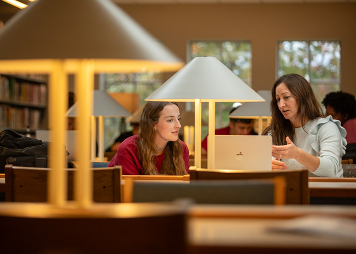 Female student and professor looking at laptop together in library