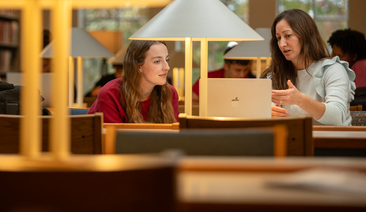 Student and professor looking at a laptop together