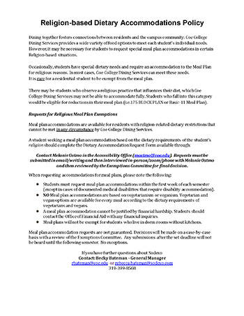 Religion Based Meal Plan Accommodation